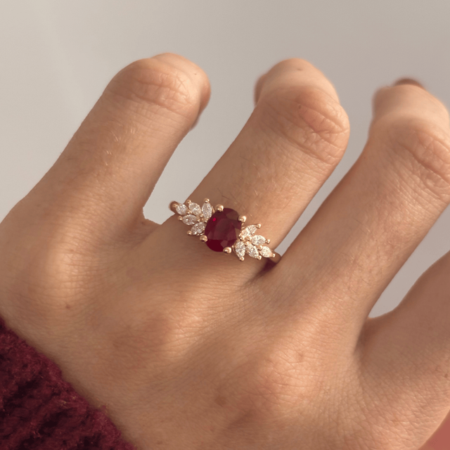 1.11 Carat Burmese Oval Ruby Cluster Engagement Ring In Yellow Gold - Anastasia