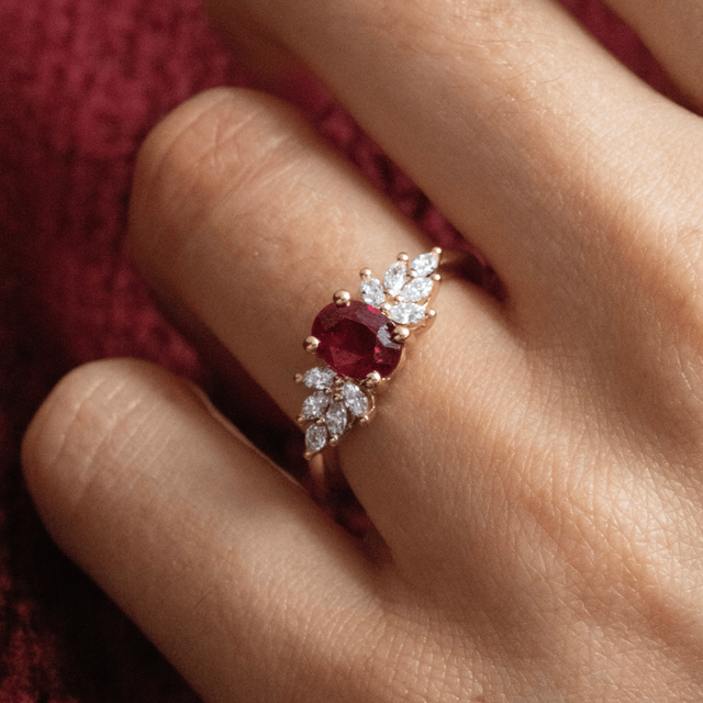 1.11 Carat Burmese Oval Ruby Cluster Engagement Ring In Yellow Gold - Anastasia