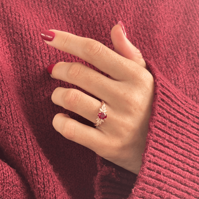 1.11 Carat Burmese Oval Ruby Cluster Engagement Ring In Yellow Gold - Anastasia