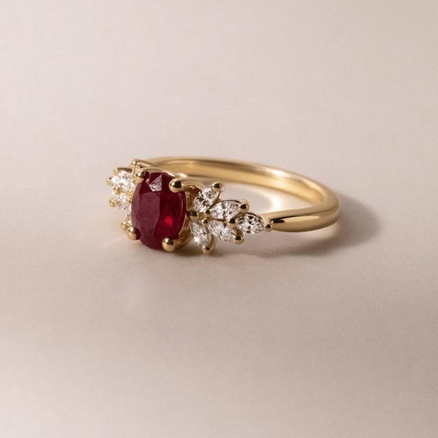 1.11 Carat Burmese Oval Ruby Cluster Engagement Ring In Yellow Gold - Anastasia