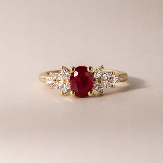 1.11 Carat Burmese Oval Ruby Cluster Engagement Ring In Yellow Gold - Anastasia
