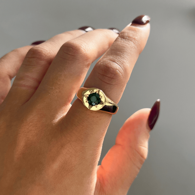 0.80 Carat Round Demantoid Garnet Bespoke Signet Engagement Ring In Yellow Gold – Star Centre
