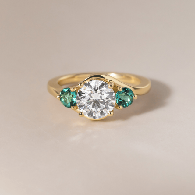 1.70 Carat Round Diamond Trilogy Engagement Ring In Yellow Gold - Demi