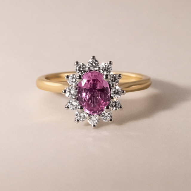 1.10 Carat Oval Padparadscha Sapphire Cluster Engagement Ring - Windermere