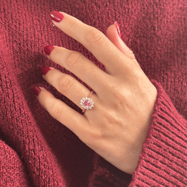 1.10 Carat Oval Padparadscha Sapphire Cluster Engagement Ring - Windermere