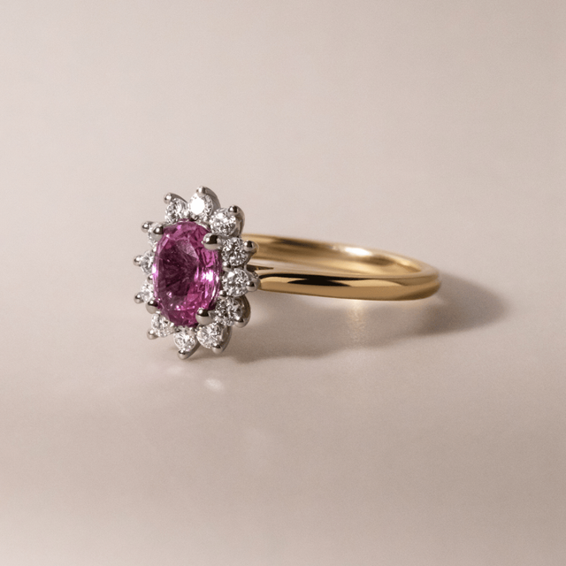 1.10 Carat Oval Padparadscha Sapphire Cluster Engagement Ring - Windermere