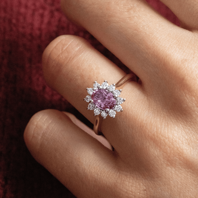 1.10 Carat Oval Padparadscha Sapphire Cluster Engagement Ring - Windermere