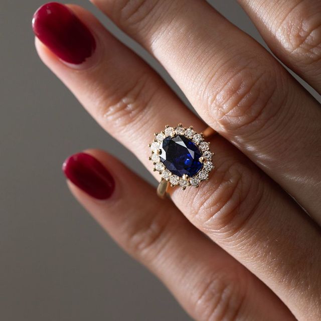 1.50 Carat Lab Grown Oval Blue Sapphire Cluster Engagement Ring In Yellow Gold - Windermere