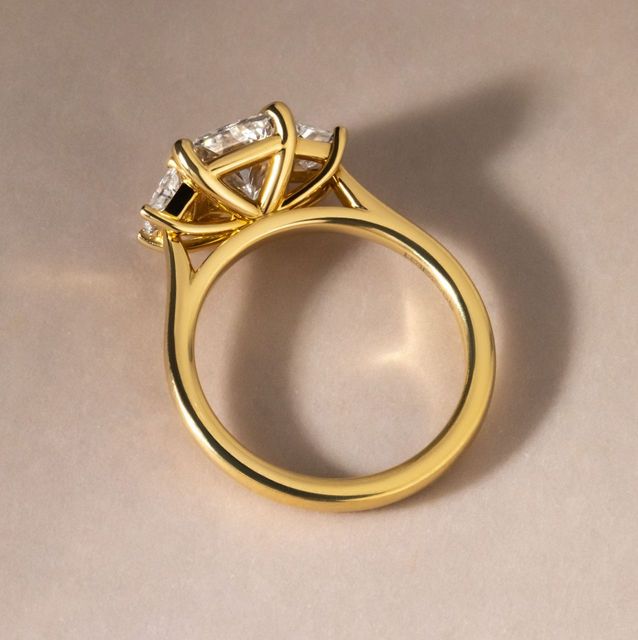 2.00 Carat Natural Cushion Cut Diamond Trilogy Engagement Ring in Yellow Gold - Vedette