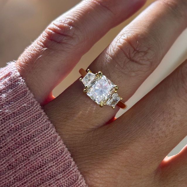 2.00 Carat Natural Cushion Cut Diamond Trilogy Engagement Ring in Yellow Gold - Vedette