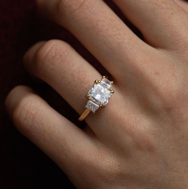 2.00 Carat Natural Cushion Cut Diamond Trilogy Engagement Ring in Yellow Gold - Vedette