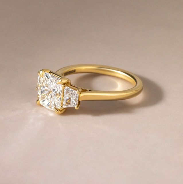 2.00 Carat Natural Cushion Cut Diamond Trilogy Engagement Ring in Yellow Gold - Vedette