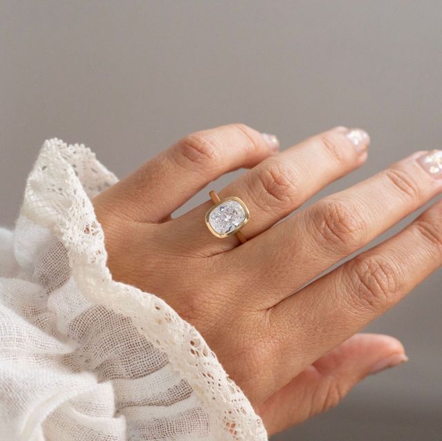 3.01 Carat Lab Grown Elongated Cushion Diamond Bezel Engagement Ring in Yellow Gold - Georgia