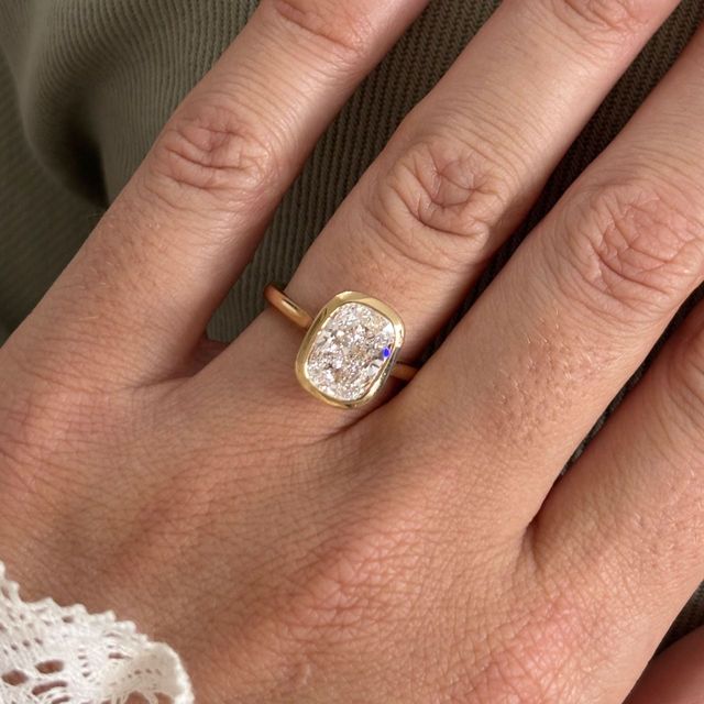 3.01 Carat Lab Grown Elongated Cushion Diamond Bezel Engagement Ring in Yellow Gold - Georgia