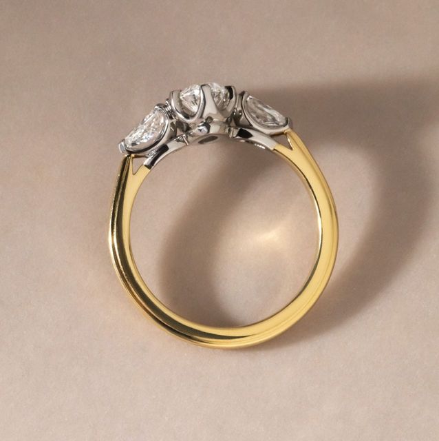 1.00 Carat Natural Moval Cut Diamond Vintage Trilogy Engagement Ring in Two Tone - Vivian