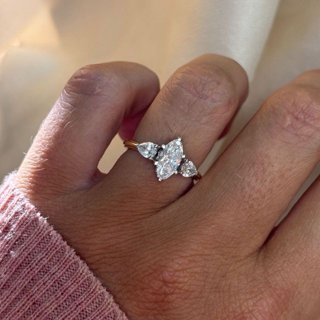 1.00 Carat Natural Moval Cut Diamond Vintage Trilogy Engagement Ring in Two Tone - Vivian