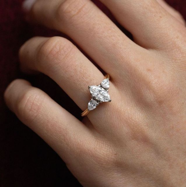 1.00 Carat Natural Moval Cut Diamond Vintage Trilogy Engagement Ring in Two Tone - Vivian