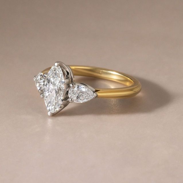 1.00 Carat Natural Moval Cut Diamond Vintage Trilogy Engagement Ring in Two Tone - Vivian
