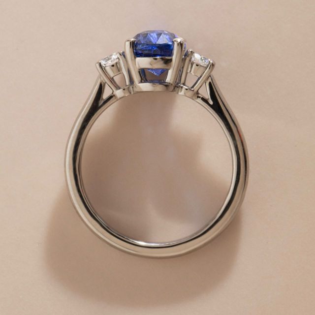 3.11 Carat Oval Blue Sapphire Three Stone Engagement Ring in Platinum - Avalon
