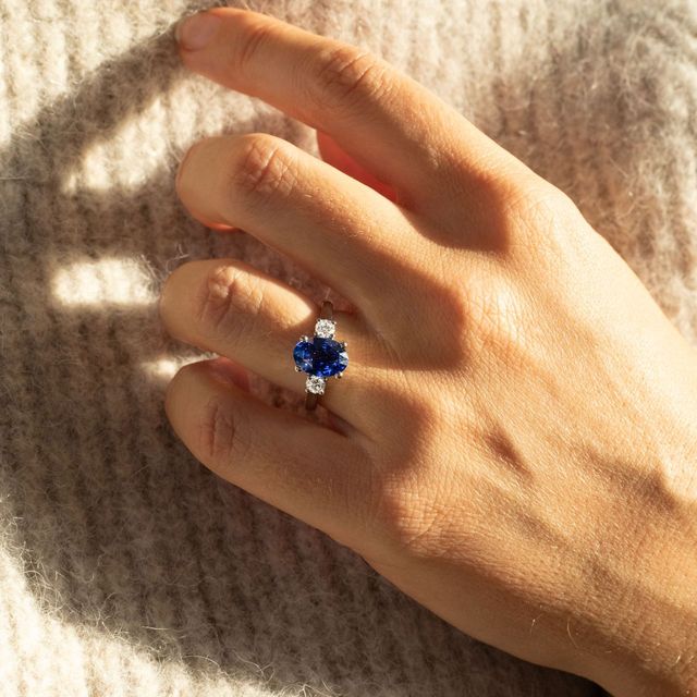 3.11 Carat Oval Blue Sapphire Three Stone Engagement Ring in Platinum - Avalon