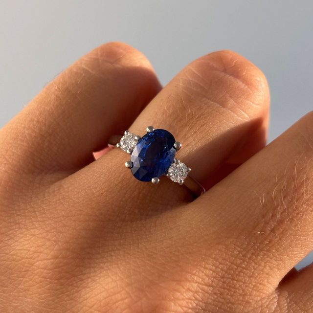 3.11 Carat Oval Blue Sapphire Three Stone Engagement Ring in Platinum - Avalon