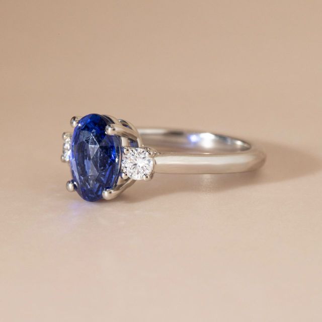 3.11 Carat Oval Blue Sapphire Three Stone Engagement Ring in Platinum - Avalon