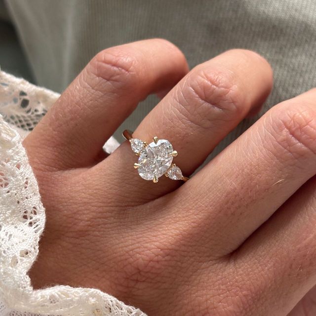 2.04 Carat Lab Grown Oval Diamond Trilogy Engagement Ring in Yellow Gold - Vivian