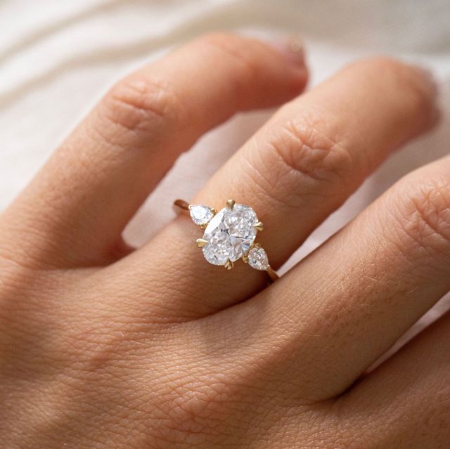 2.04 Carat Lab Grown Oval Diamond Trilogy Engagement Ring in Yellow Gold - Vivian