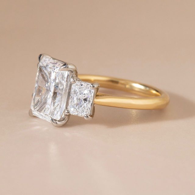 3.26 Carat Lab Grown Radiant Diamond Trilogy Engagement Ring In Yellow Gold - Daisy