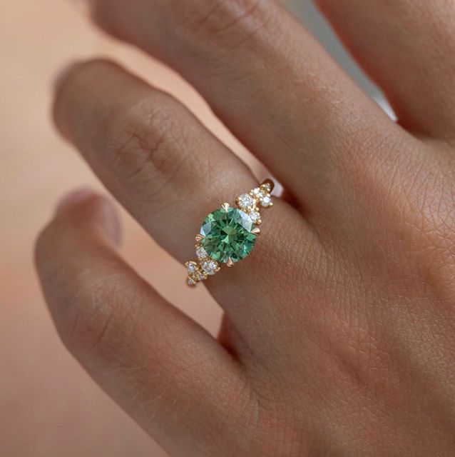 1.60 Carat Round Green Diamond Cluster Engagement Ring in Yellow Gold - Morning star
