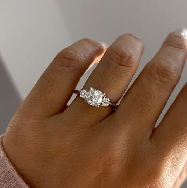 2.00 Carat Natural Cushion Diamond Trilogy Engagement Ring in Platinum - Trinity