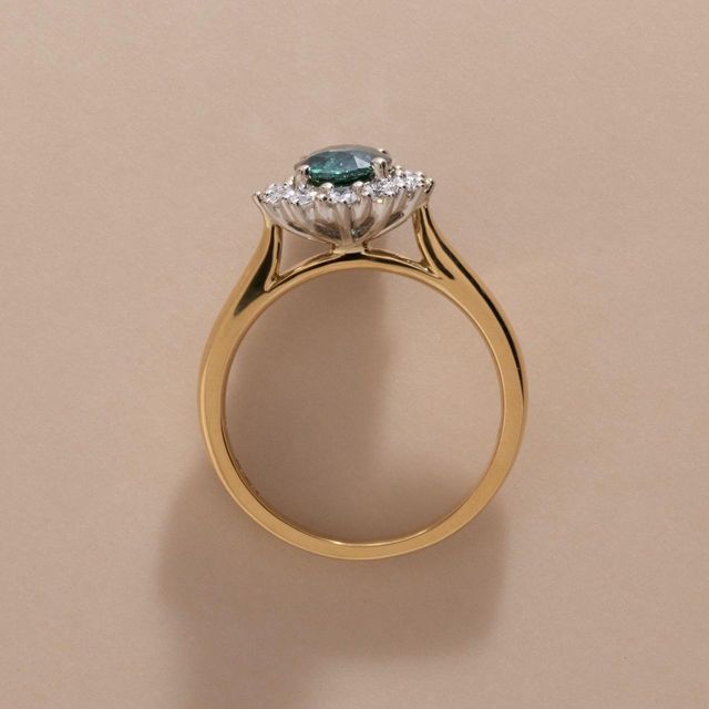 1.16 Carat Natural Oval Teal Sapphire Cluster Engagement Ring In Two Tone - Windermere