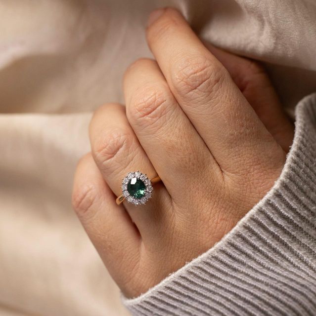 1.16 Carat Natural Oval Teal Sapphire Cluster Engagement Ring In Two Tone - Windermere