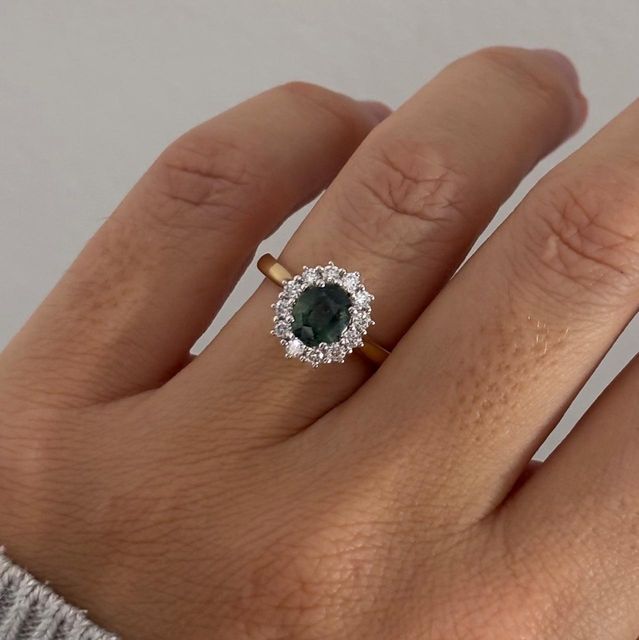 1.16 Carat Natural Oval Teal Sapphire Cluster Engagement Ring In Two Tone - Windermere