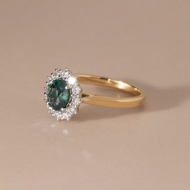 1.16 Carat Natural Oval Teal Sapphire Cluster Engagement Ring In Two Tone - Windermere