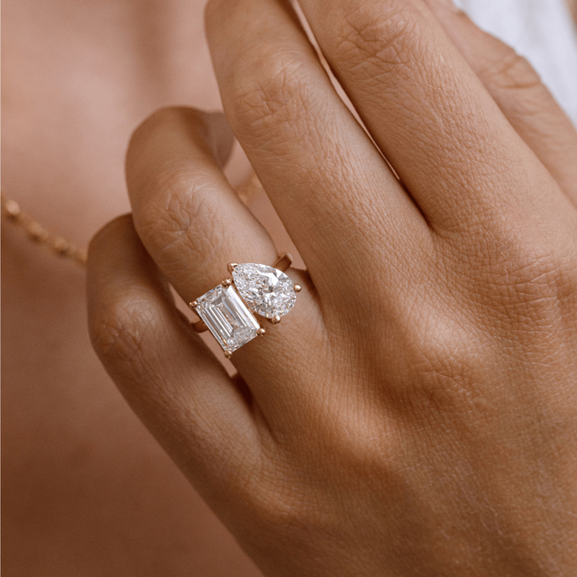 6.00 Carat Pear And Emerald Diamond Toi et Moi Engagement Ring in Yellow Gold