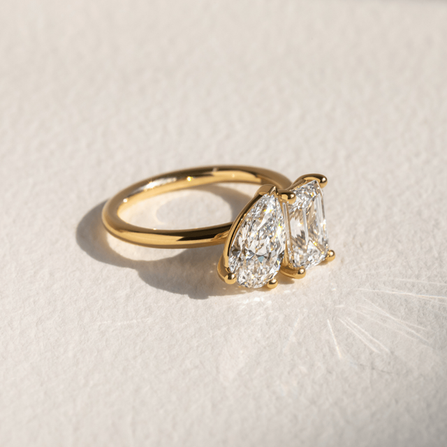 3.50 Carat Pear And Emerald Diamond Toi et Moi Engagement Ring in Yellow Gold