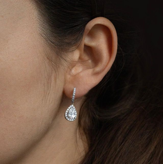 1.09 Carat Lab Grown Pear Diamond Halo Drop Earrings in White Gold - Rosée