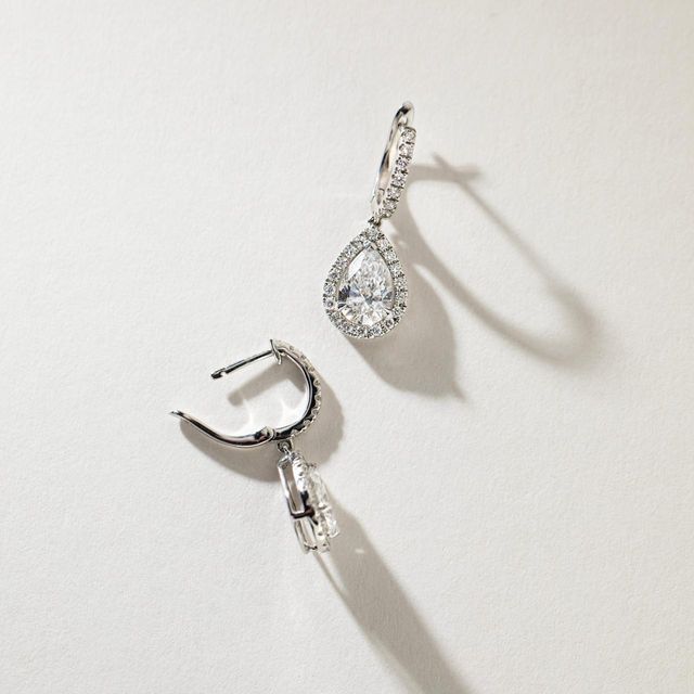 1.09 Carat Lab Grown Pear Diamond Halo Drop Earrings in White Gold - Rosée