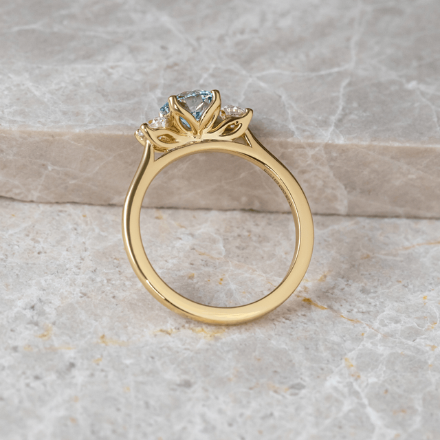 1.00 Carat Lab Grown Round Blue Diamond Trilogy Engagement Ring in Yellow Gold - Rohini