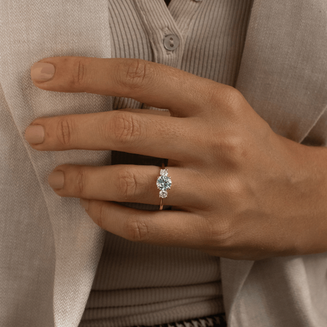 1.00 Carat Lab Grown Round Blue Diamond Trilogy Engagement Ring in Yellow Gold - Rohini