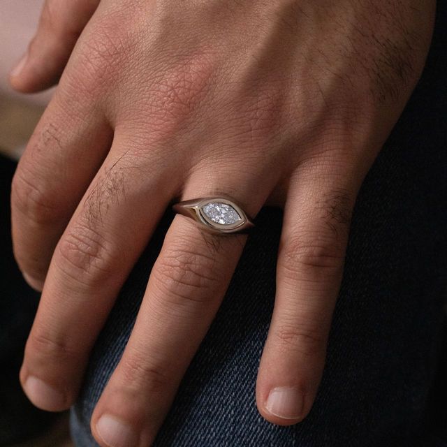 1.01 Carat Lab Grown Marquise Diamond Men's Bezel Engagement Ring in 925 Sterling Silver - Adair