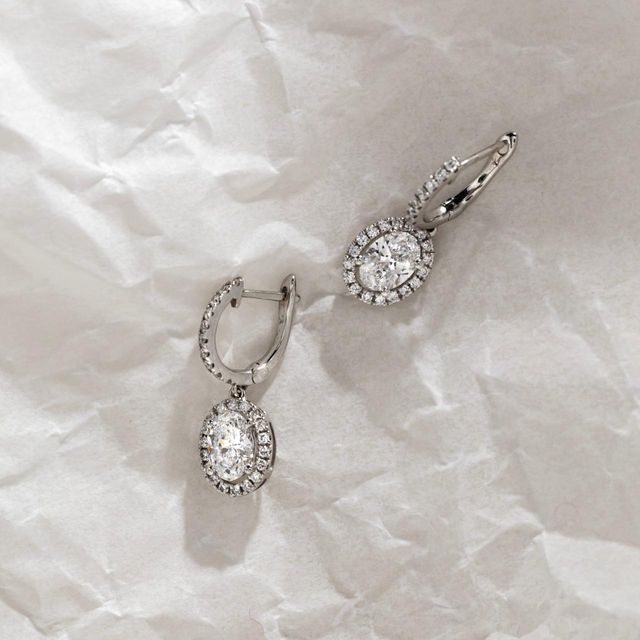 1.42 Carat Lab Grown Oval Diamond Halo Drop Earrings in White Gold - Rosée