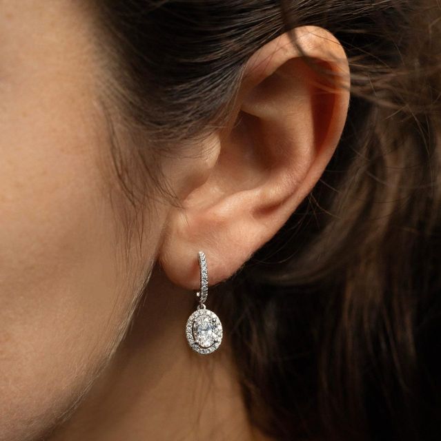 1.42 Carat Lab Grown Oval Diamond Halo Drop Earrings in White Gold - Rosée