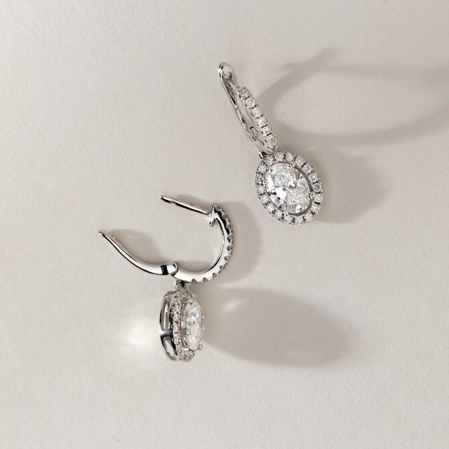 1.42 Carat Lab Grown Oval Diamond Halo Drop Earrings in White Gold - Rosée