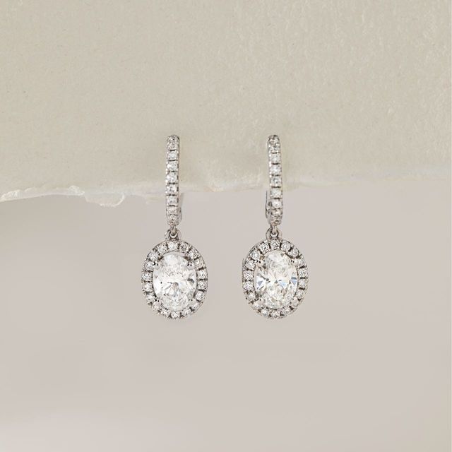 1.42 Carat Lab Grown Oval Diamond Halo Drop Earrings in White Gold - Rosée
