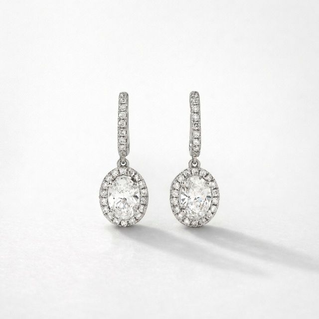 1.42 Carat Lab Grown Oval Diamond Halo Drop Earrings in White Gold - Rosée