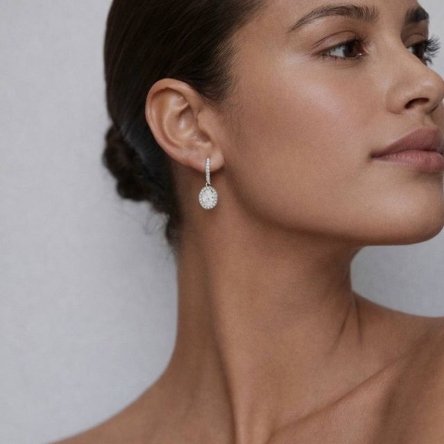 1.42 Carat Lab Grown Oval Diamond Halo Drop Earrings in White Gold - Rosée