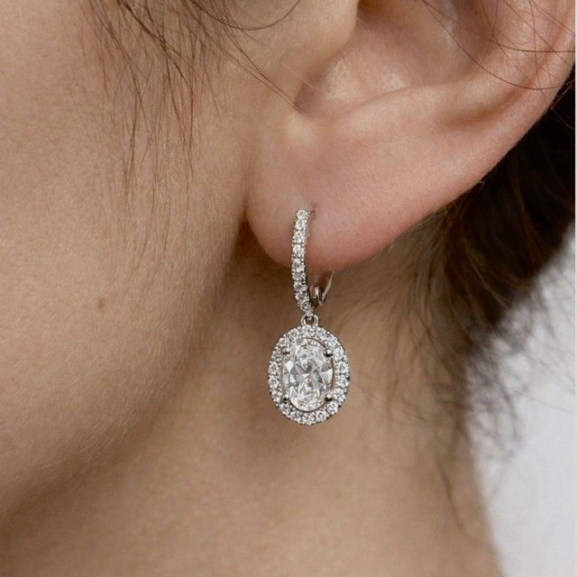 1.42 Carat Lab Grown Oval Diamond Halo Drop Earrings in White Gold - Rosée