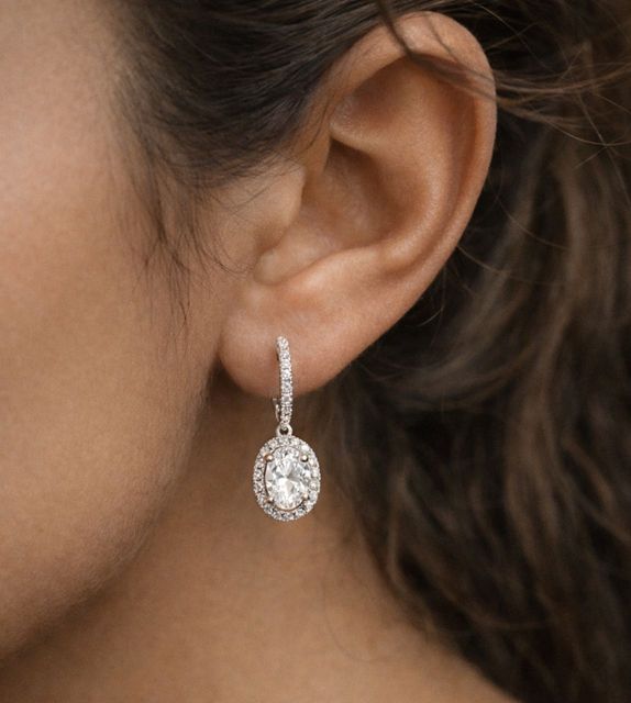 1.42 Carat Lab Grown Oval Diamond Halo Drop Earrings in White Gold - Rosée